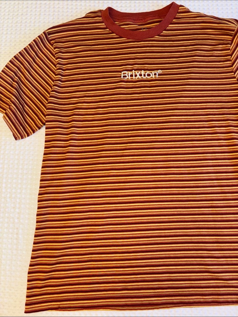 Brixton Men’s LARGE Rust Yellow Tan Striped Tailored Fit Short Sleeve Tee